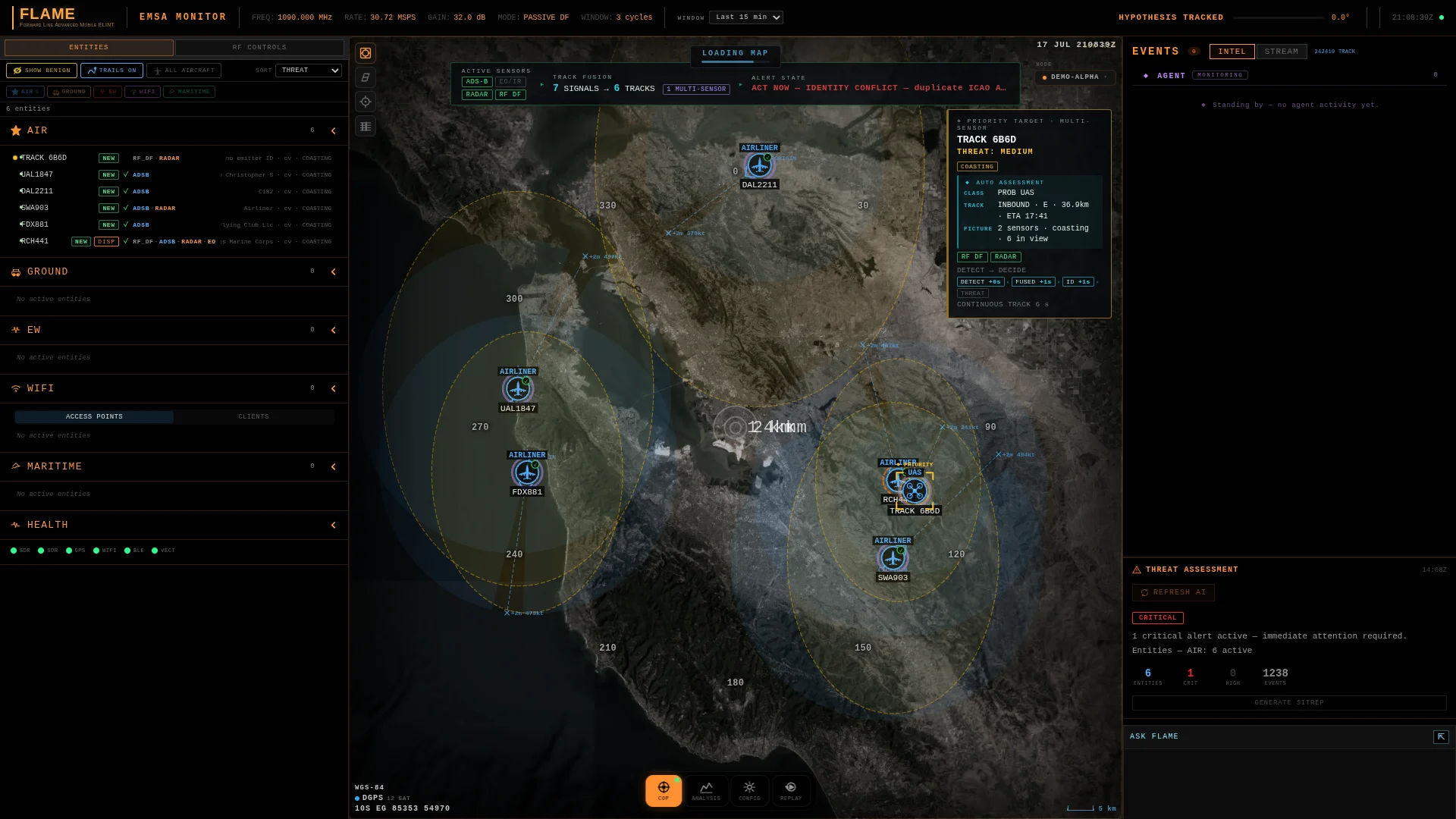 Wide-area air picture with an identity conflict: two tracks claiming the same callsign, flagged as disputed