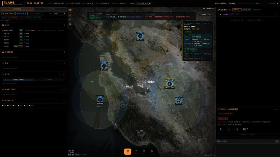 Wide-area air picture with two tracks claiming the same callsign, both flagged disputed